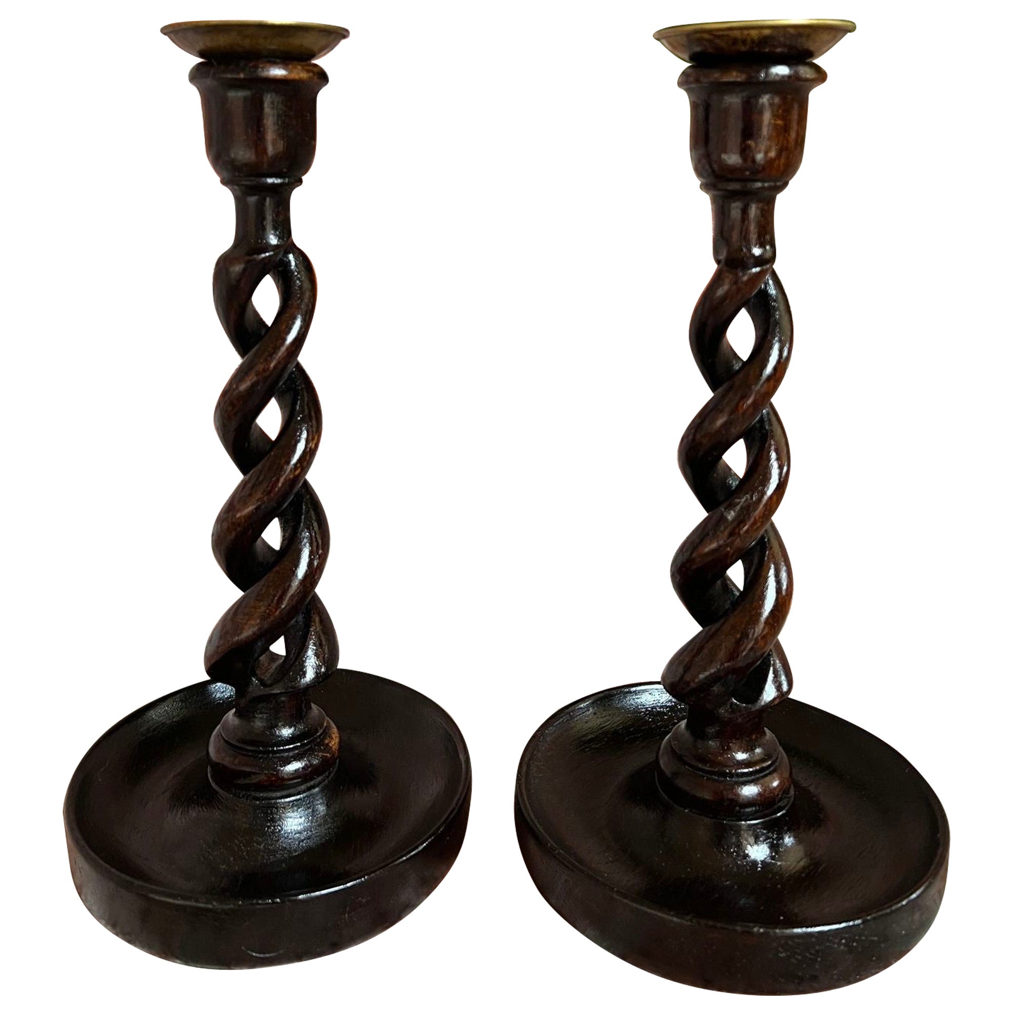 PAIR Set Antique English Oak OPEN Barley Twist Candlesticks Candle Holder Brass