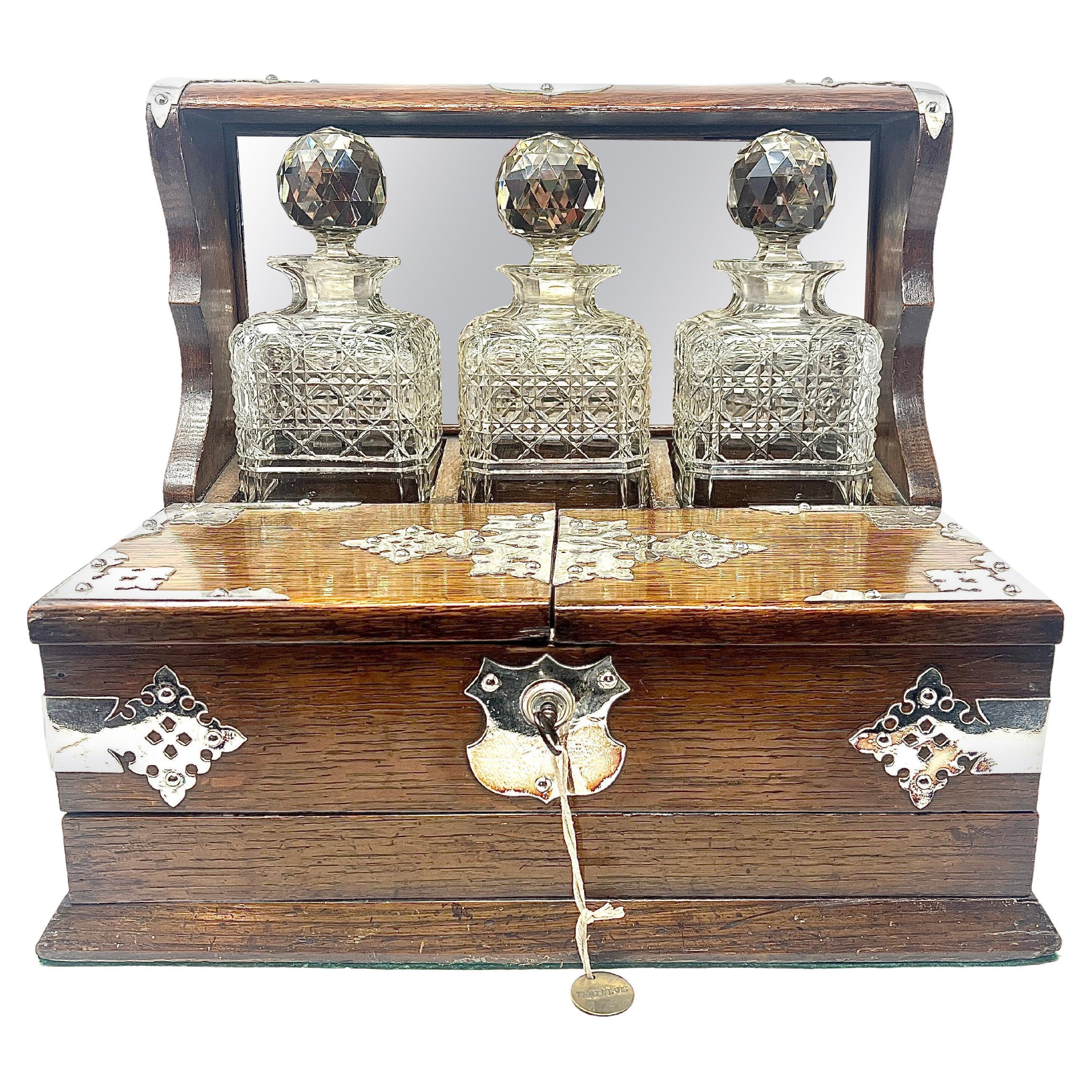 Antique English Sheffield Silver Mounted Golden Oak & Crystal Games Box Tantalus For Sale