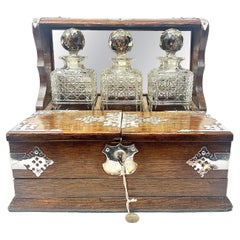 Antique English Sheffield Silver Mounted Golden Oak & Crystal Games Box Tantalus