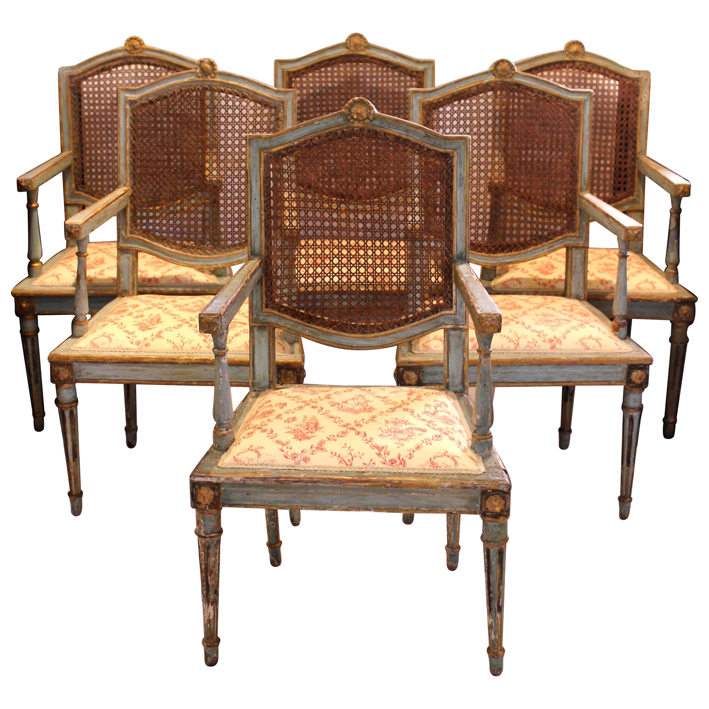 Late 18th Century Set of 6 Painted & Parcel Gilt Arm Chairs, Italian For Sale