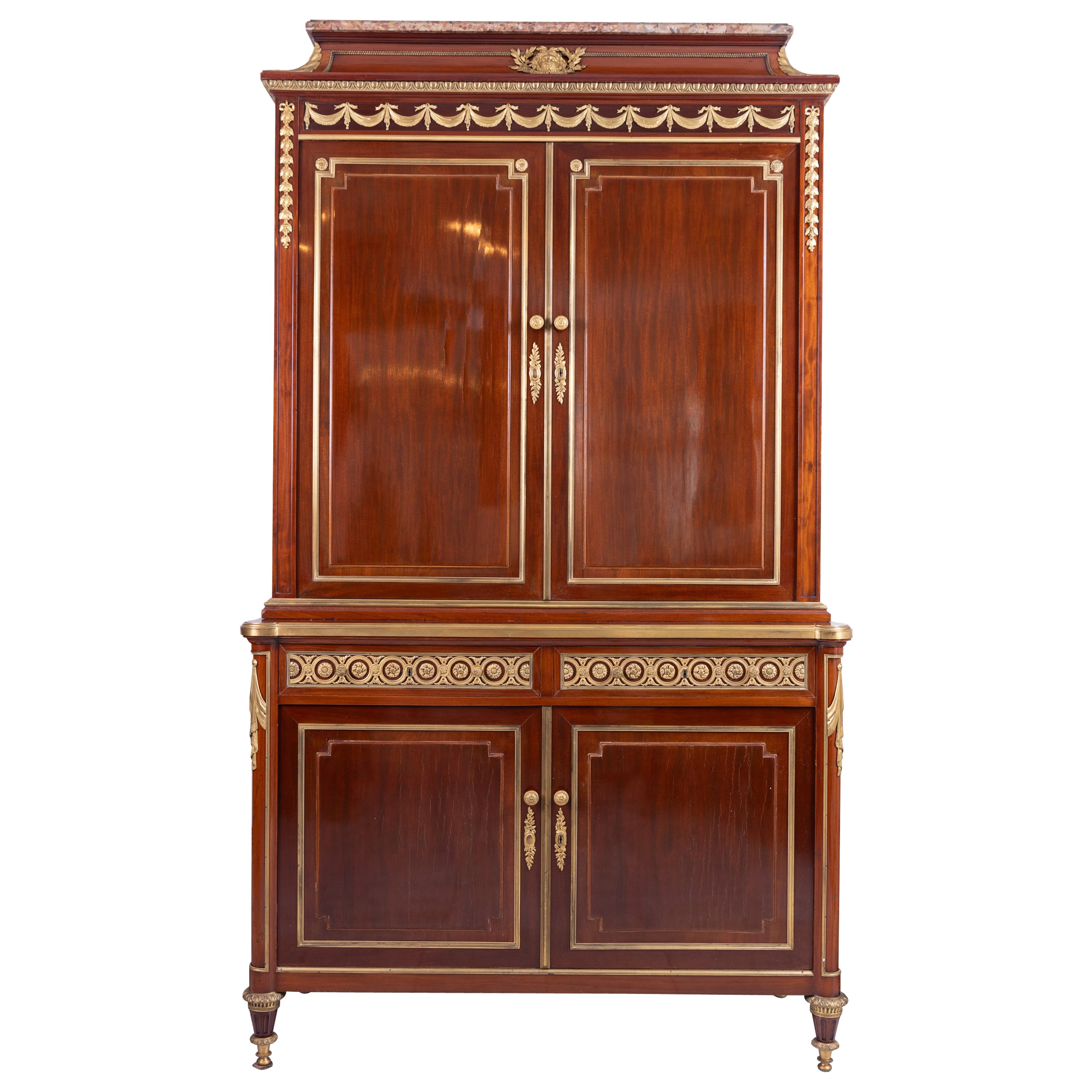 Exquisite French 19 Century Louis XVI Mahogany Grand Buffet a Deux Corps, Signed For Sale