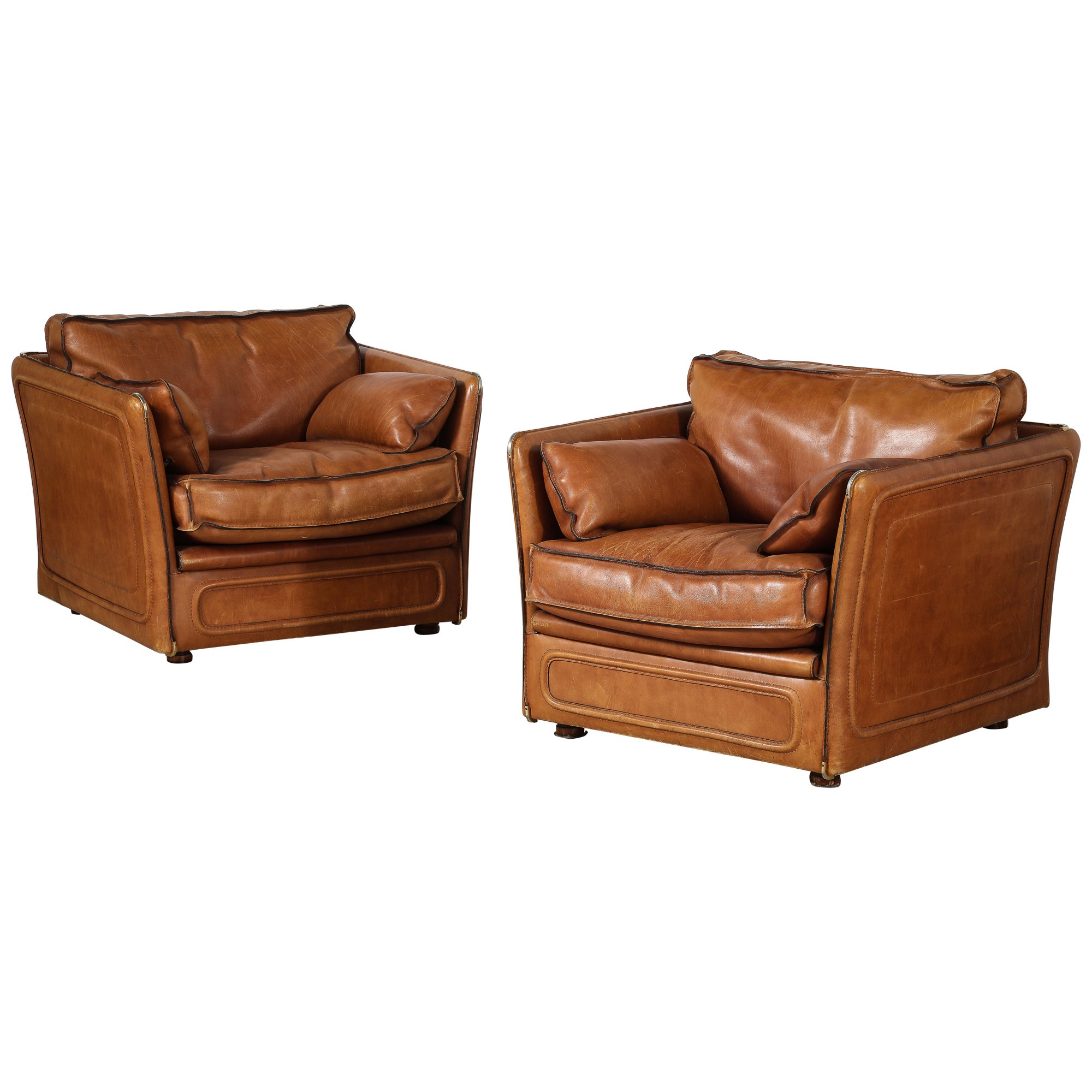 Roche Bobois Pair of Leather Lounge Chairs, circa 1970  For Sale