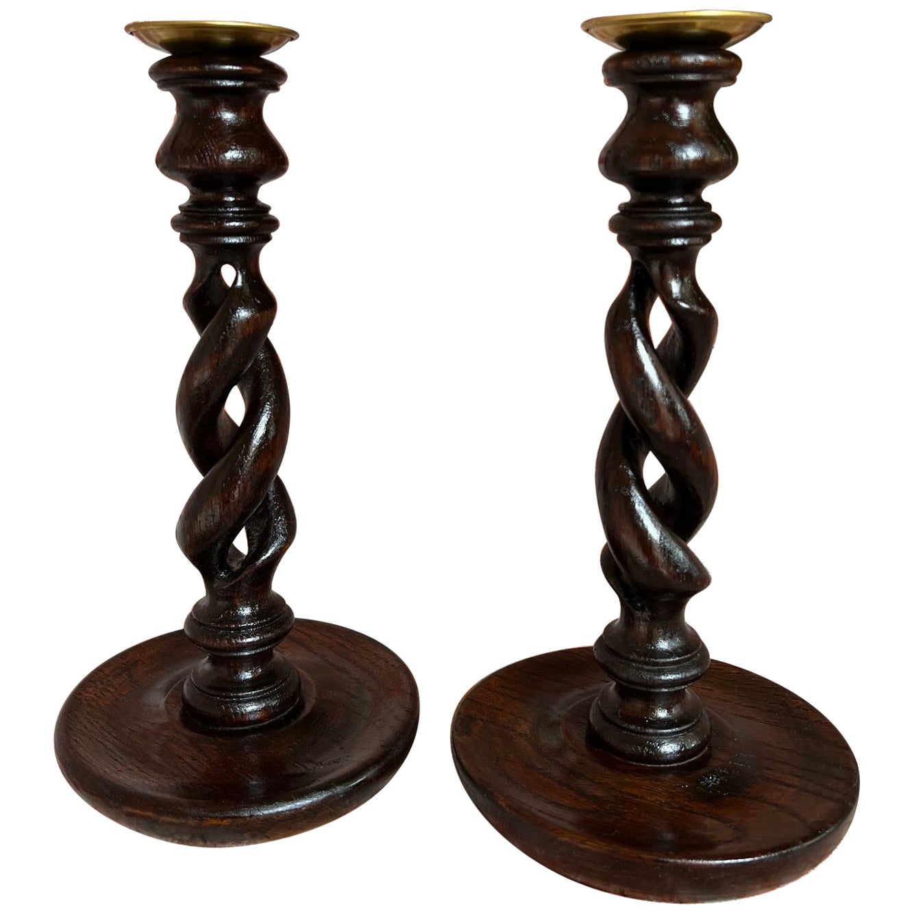 PAIR Set Antique English Oak OPEN Barley Twist Candlesticks Candle Holder Brass