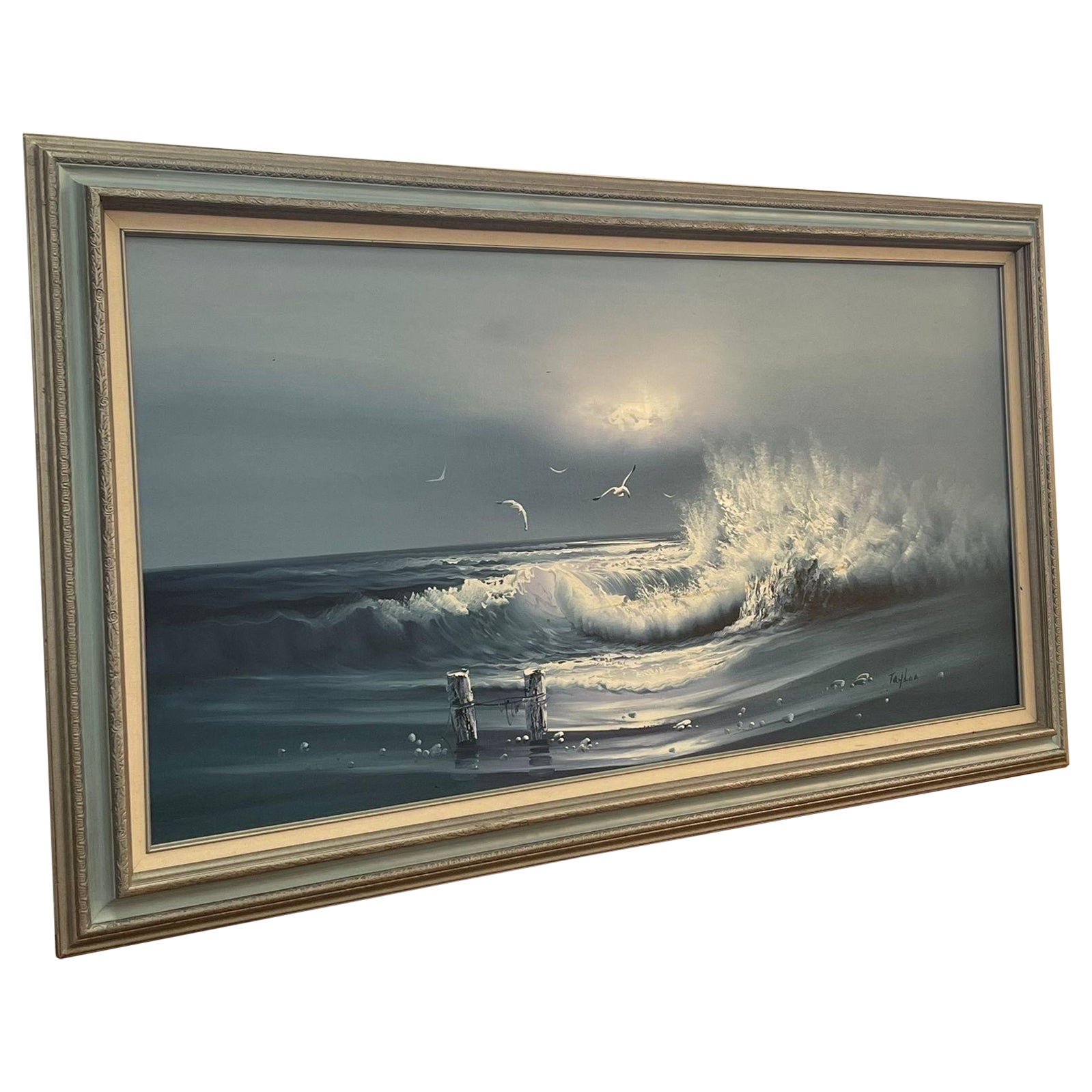 Vintage Signed and Framed Original Painting of Seascape With Waves on Canvas. For Sale