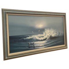 Peinture originale vintage signée et encadrée d'un paysage marin avec des vagues sur toile.