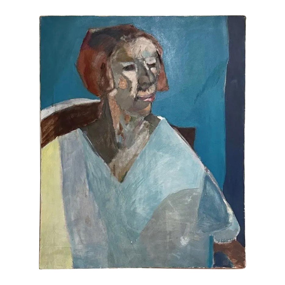 1980s Large modernist portrait Of Woman In blue Oil Signed 24”x32” 