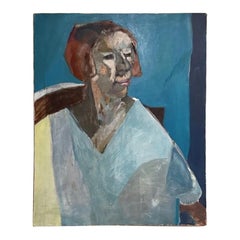 Grand portrait moderniste de femme en bleu, signé 24x32, années 1980 