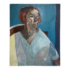 Grand portrait moderniste de femme en bleu, signé 24x32, années 1980