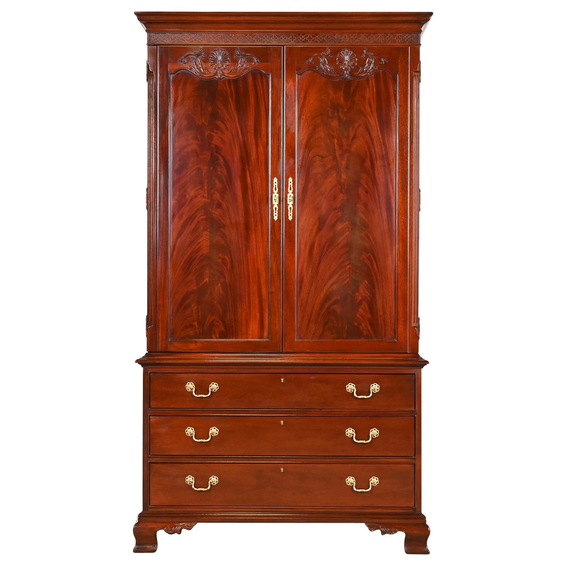 Baker Furniture Style Georgian Carved Flame Mahogany Armoire Dresser For Sale