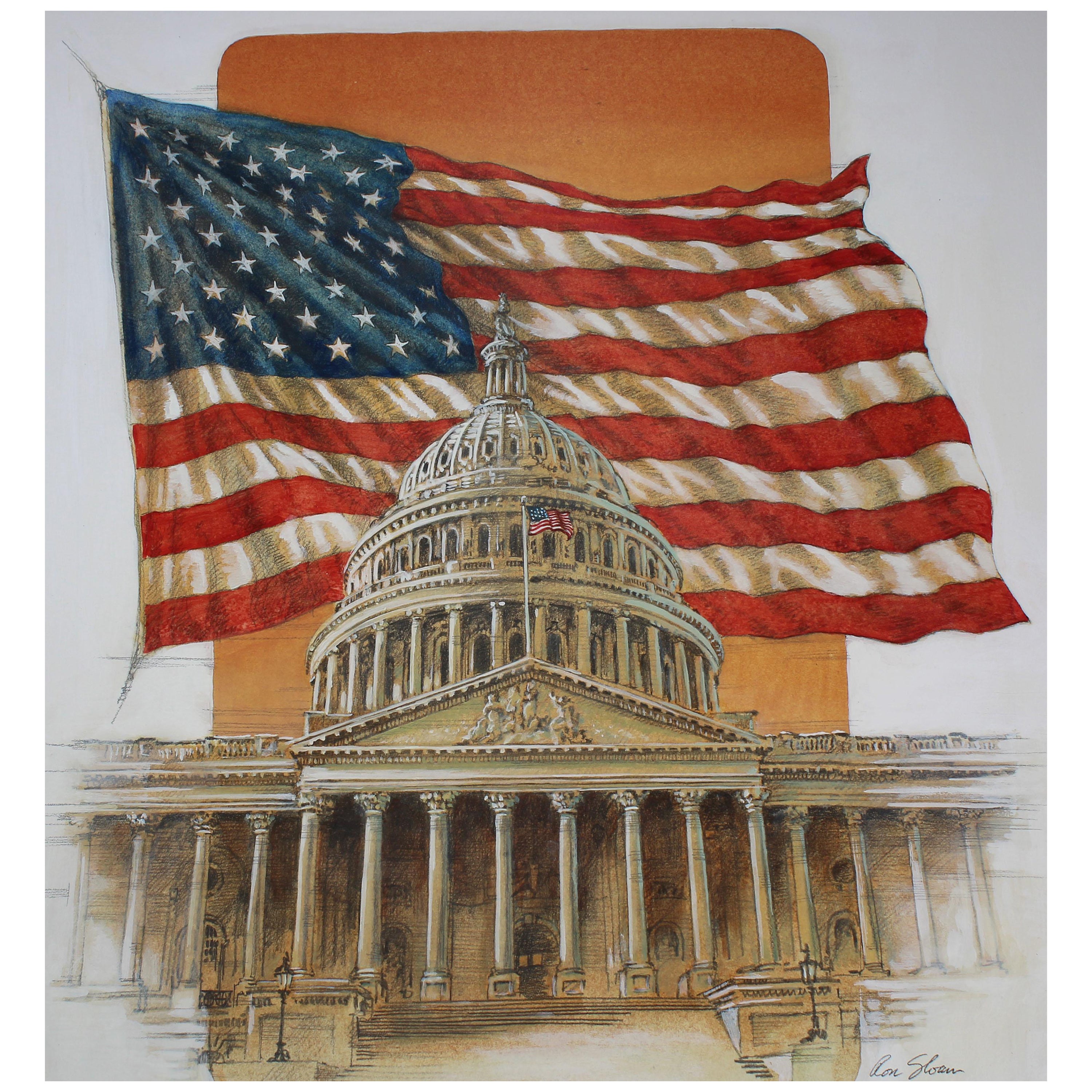 "U.S. Flag Behind Capitol" by Ron Sloan, Mixed Media Painting, 1985 For Sale