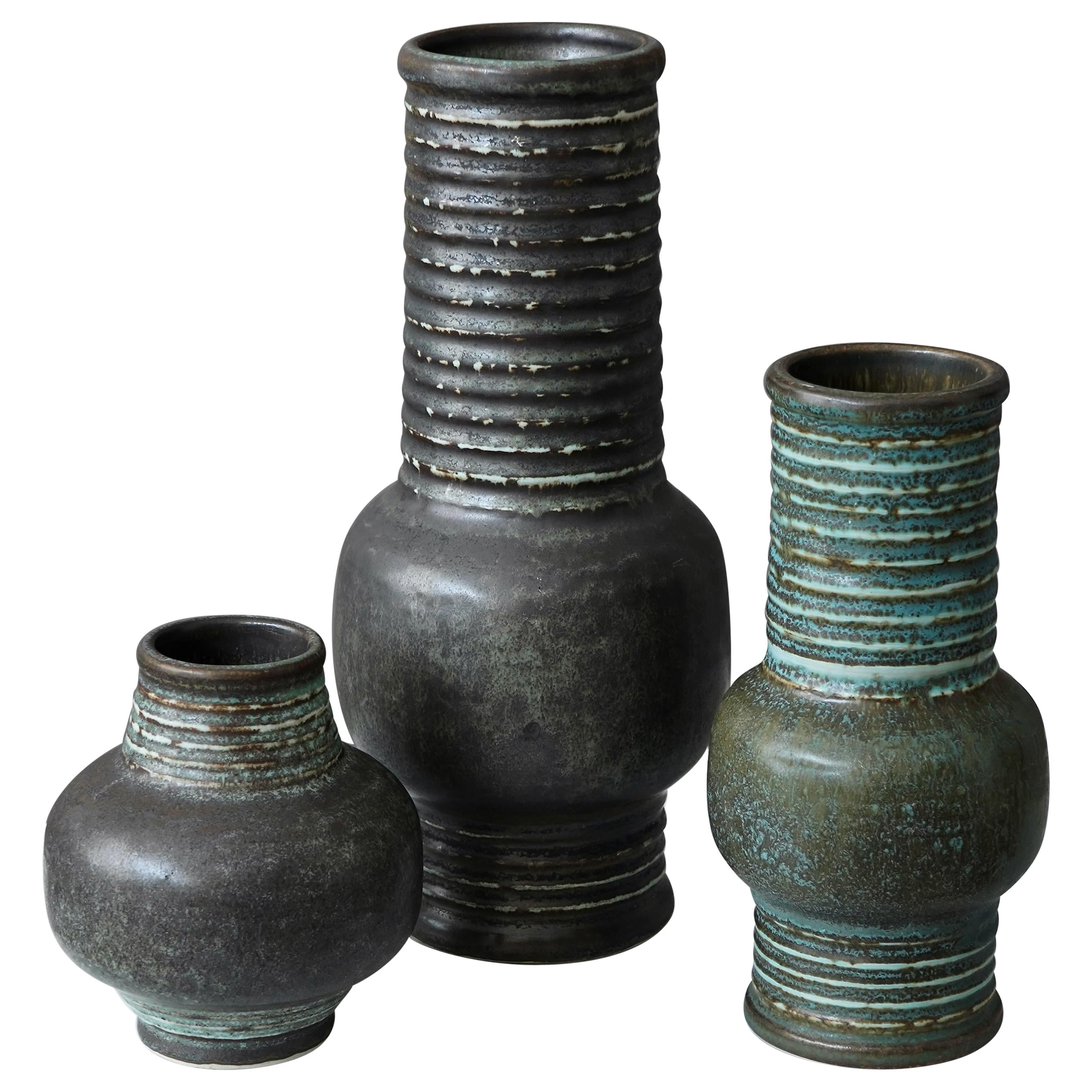 Set of 3 Stoneware Vases by Gunnar Nylund for Rorstrand, Sweden, 1960s For Sale