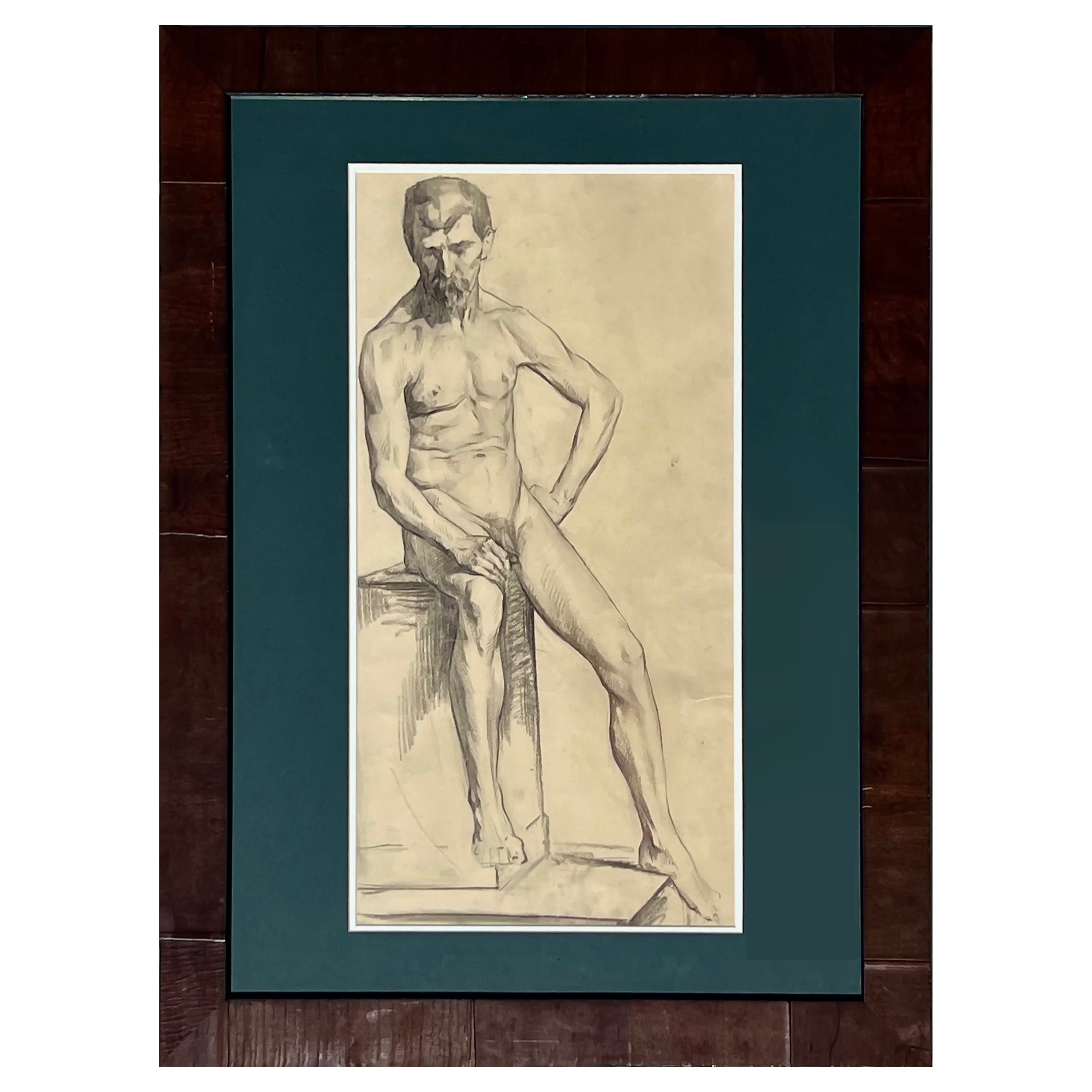 Large Antique Male Nude Art Study Drawing From Paris, Framed in Italy