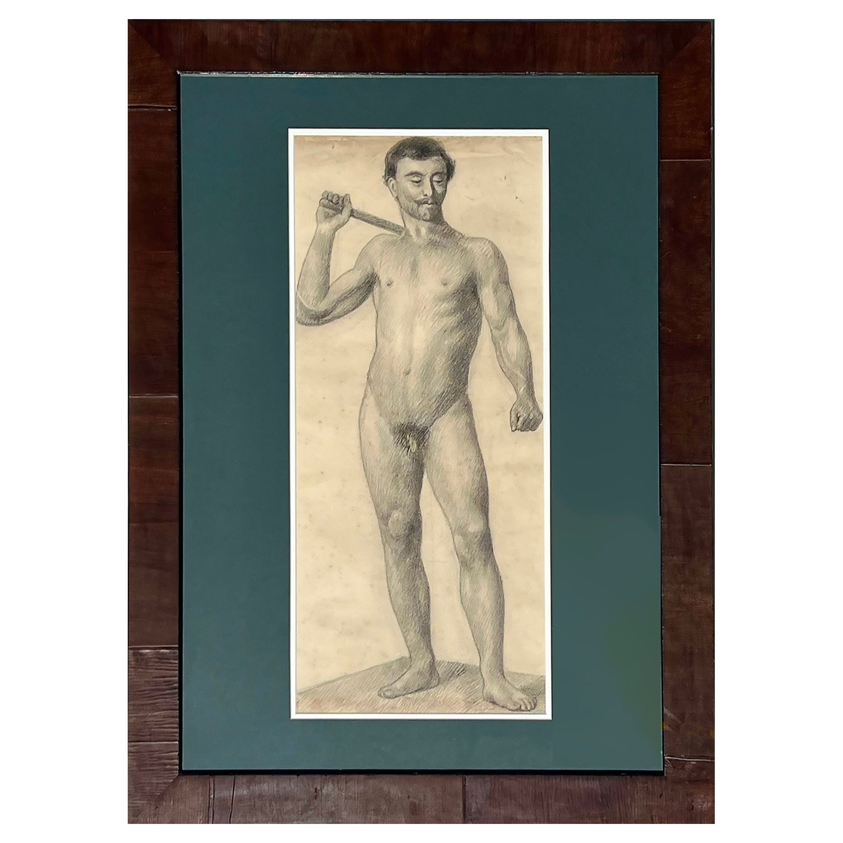 Große antike männliche Akt-Kunststudie, Zeichnung aus Paris, gerahmt in Italien im Angebot