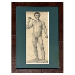 Gran Dibujo Antiguo de Estudio Artístico de Desnudo Masculino de París, Enmarcado en Italia