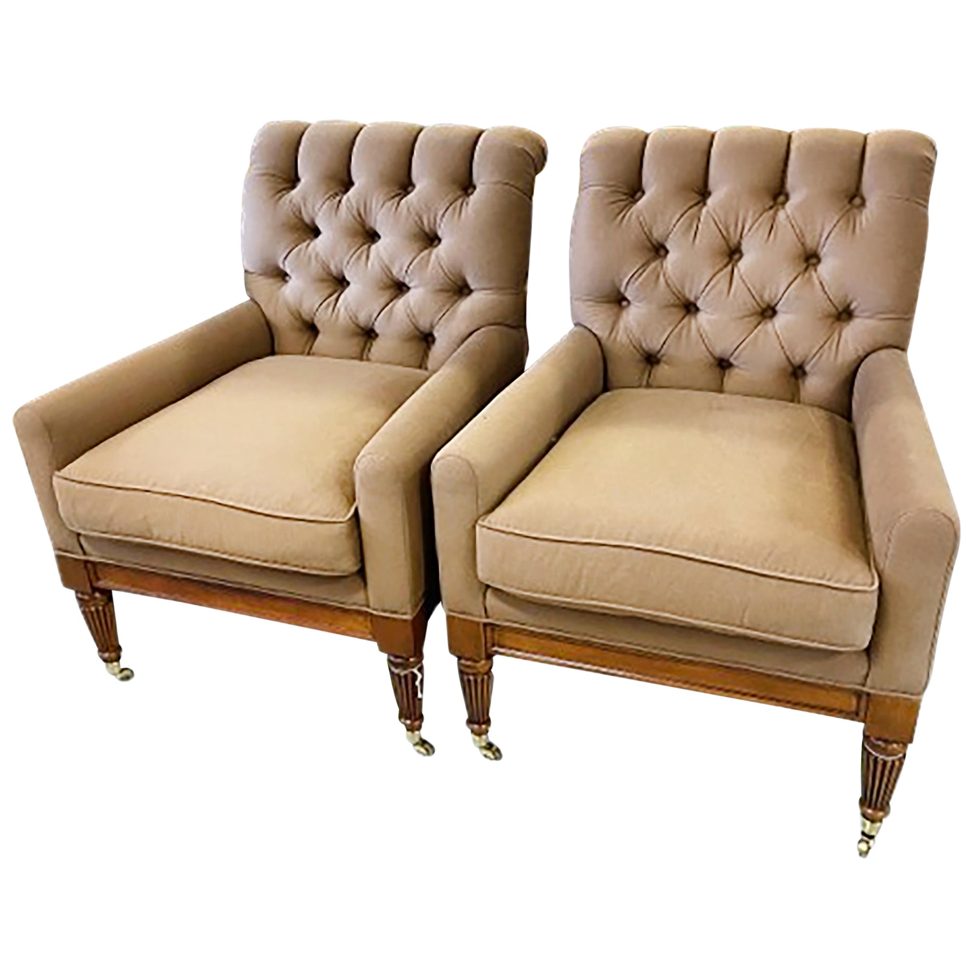 Pair of 19th Century English Armchairs Tufted with Light Brown Wool Upholstery For Sale