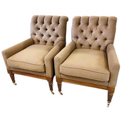 Used Pair of 19th Century English Armchairs Tufted with Light Brown Wool Upholstery