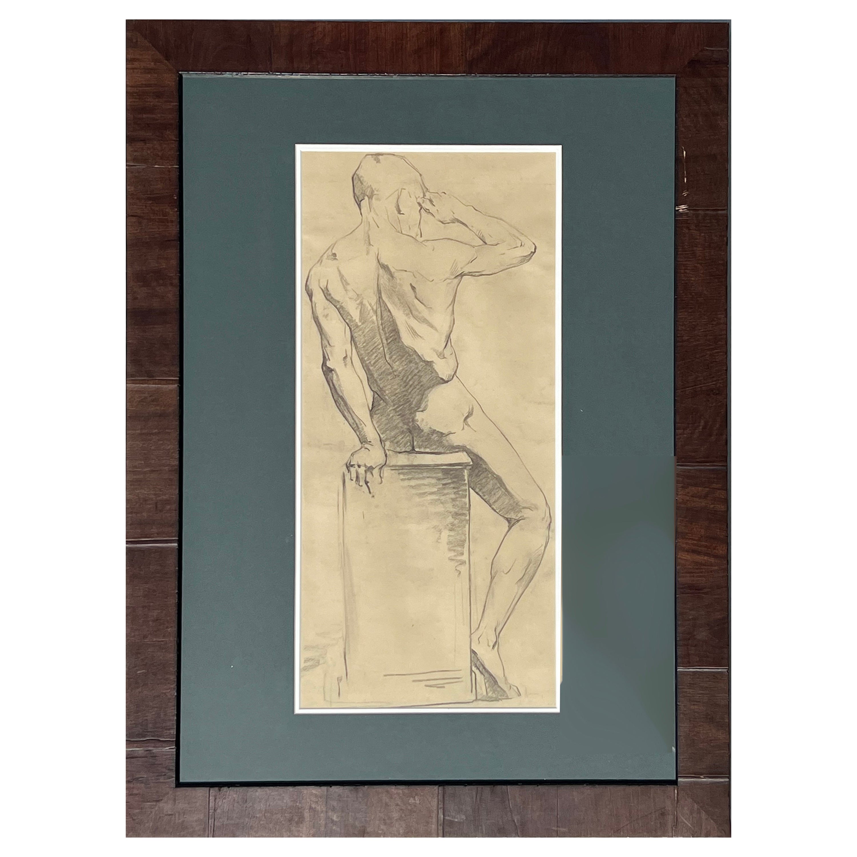 Large Antique Male Nude Art Study Drawing From Paris, Framed in Italy For Sale