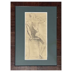 Large Antique Male Nude Art Study Drawing From Paris, Framed in Italy
