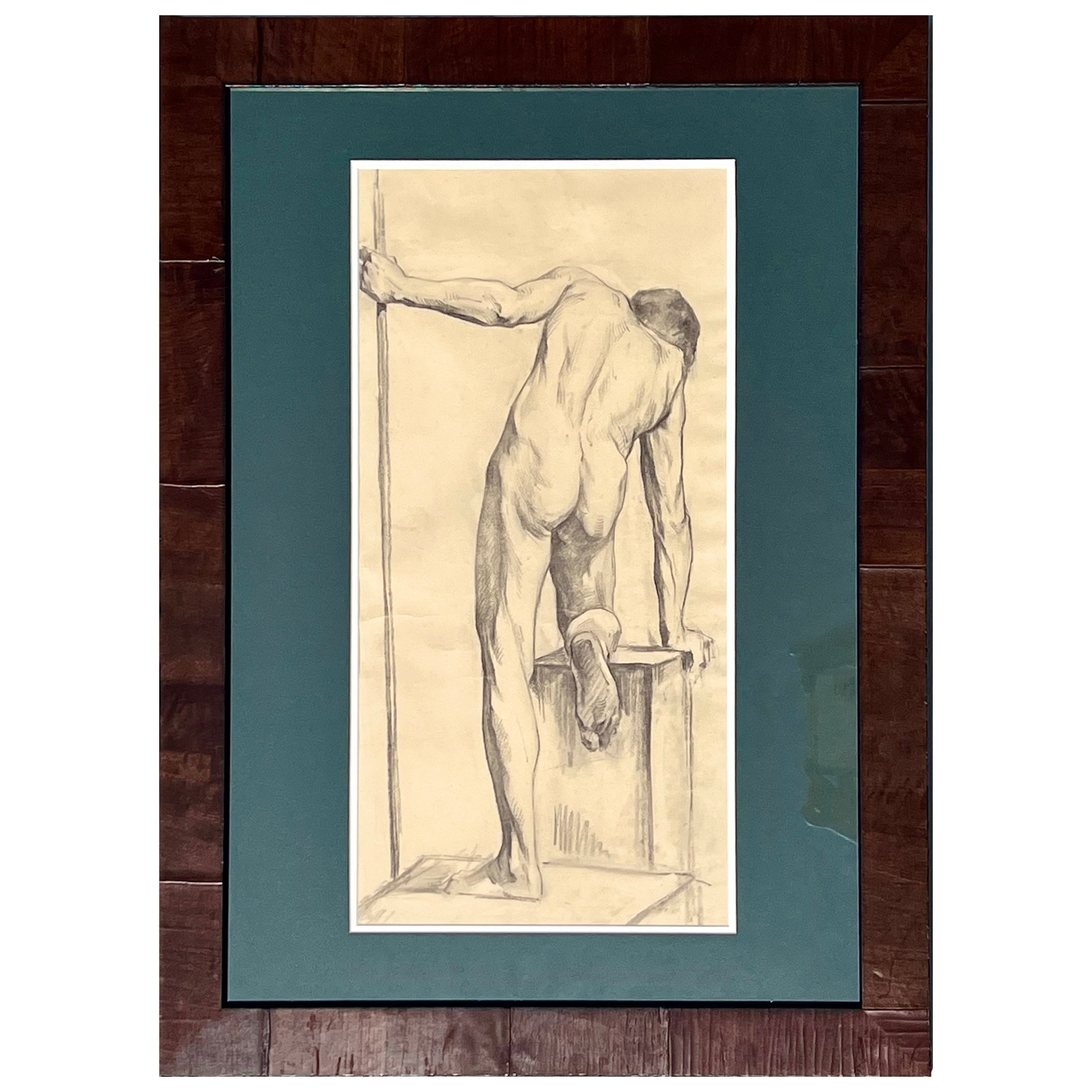Grand dessin d'étude d'un nu masculin ancien de Paris, encadré en Italie en vente