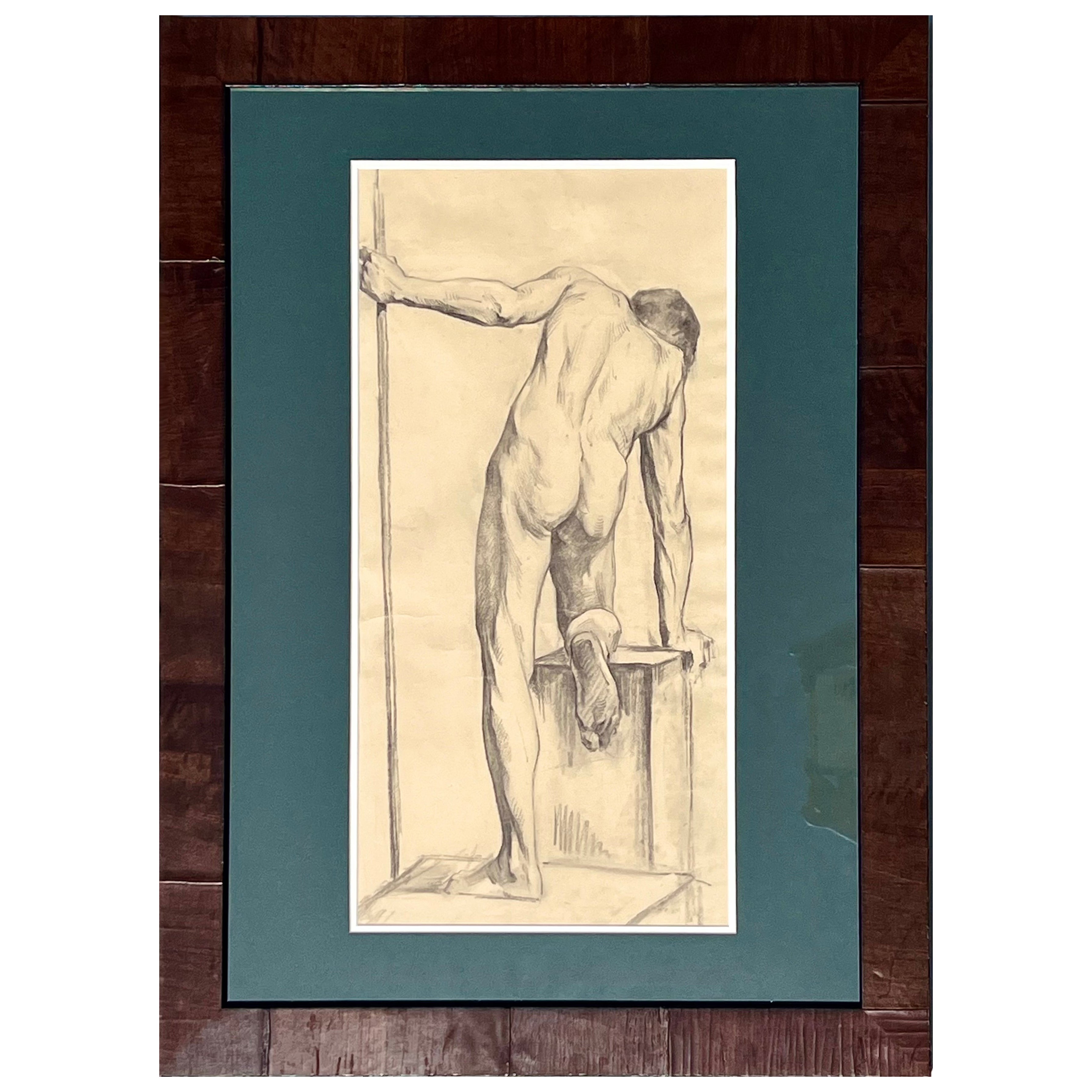 Large Antique Male Nude Art Study Drawing From Paris, Framed in Italy