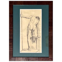 Gran Dibujo Antiguo de Estudio Artístico de Desnudo Masculino de París, Enmarcado en Italia