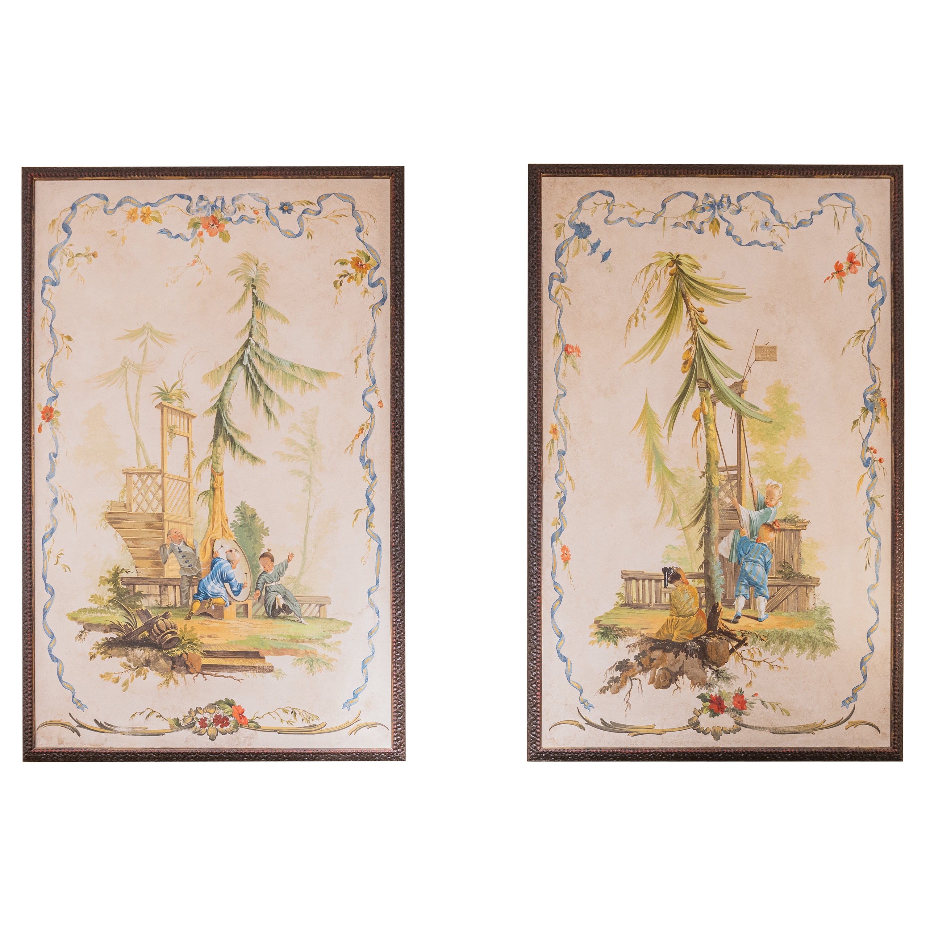 A large pair of early 20th c framed French Chinoiserie oil on canvas paintings  For Sale
