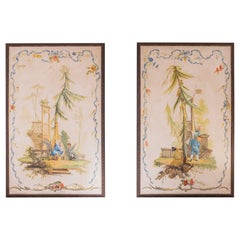 Antique A large pair of early 20th c framed French Chinoiserie oil on canvas paintings 