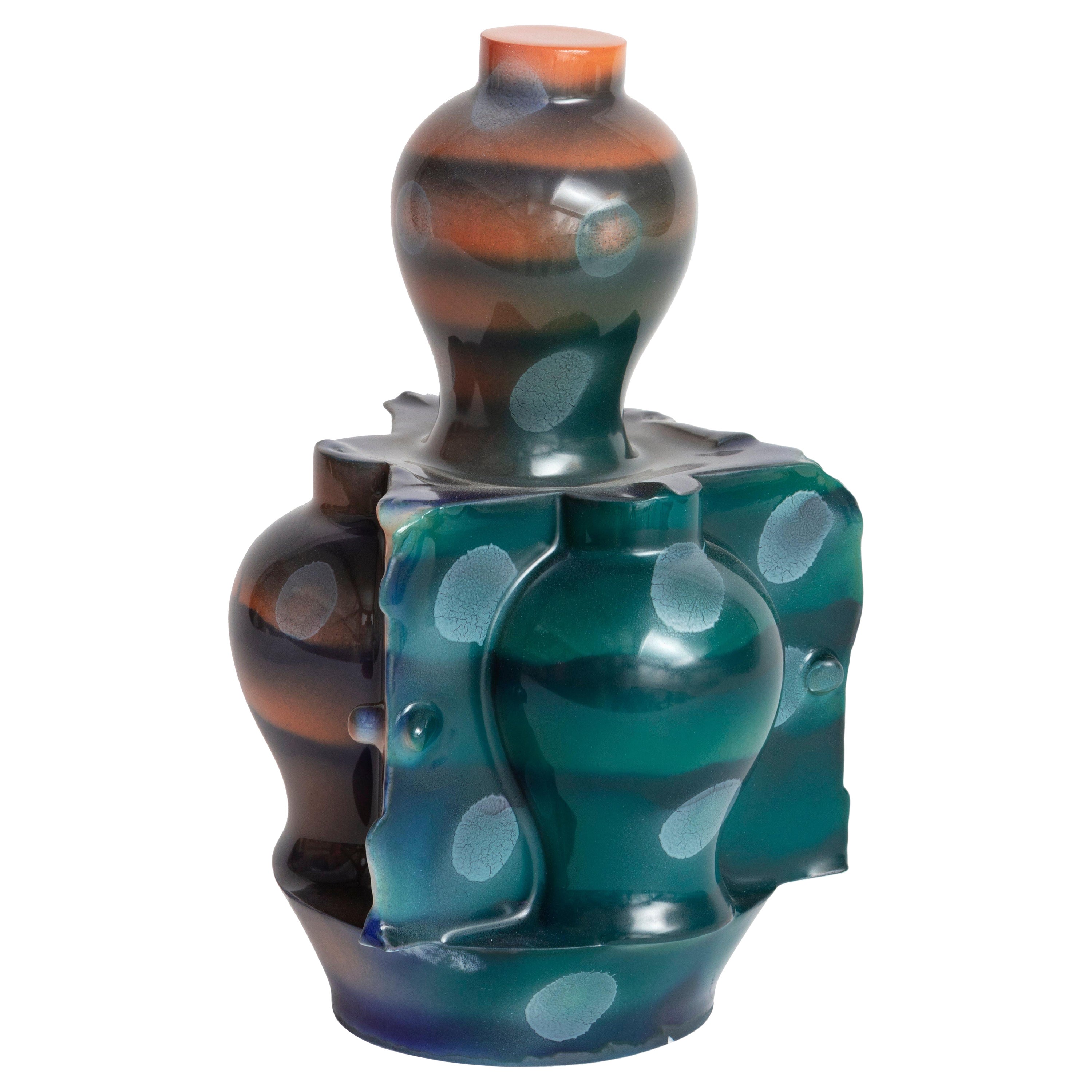 "Au top 2" decorated enameled porcelain vase, unique piece For Sale