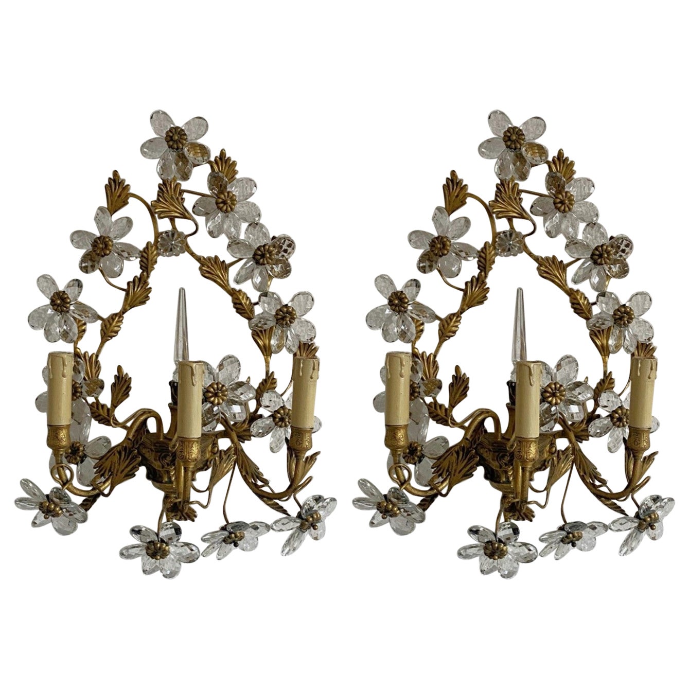 Pair of Large Maison Baguès Wrought Iron Crystal Flower Wall Sconces, 1930s For Sale