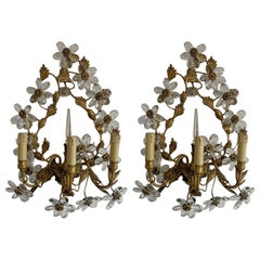 Pair of Large Maison Baguès Wrought Iron Crystal Flower Wall Sconces, 1930s