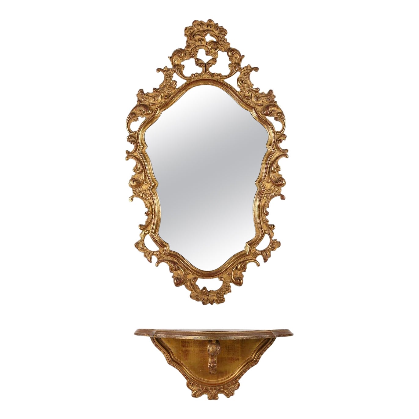 Magnifique miroir rococo avec Stand en bois et feuille d'or, Deknudt Belgique, années 50 en vente