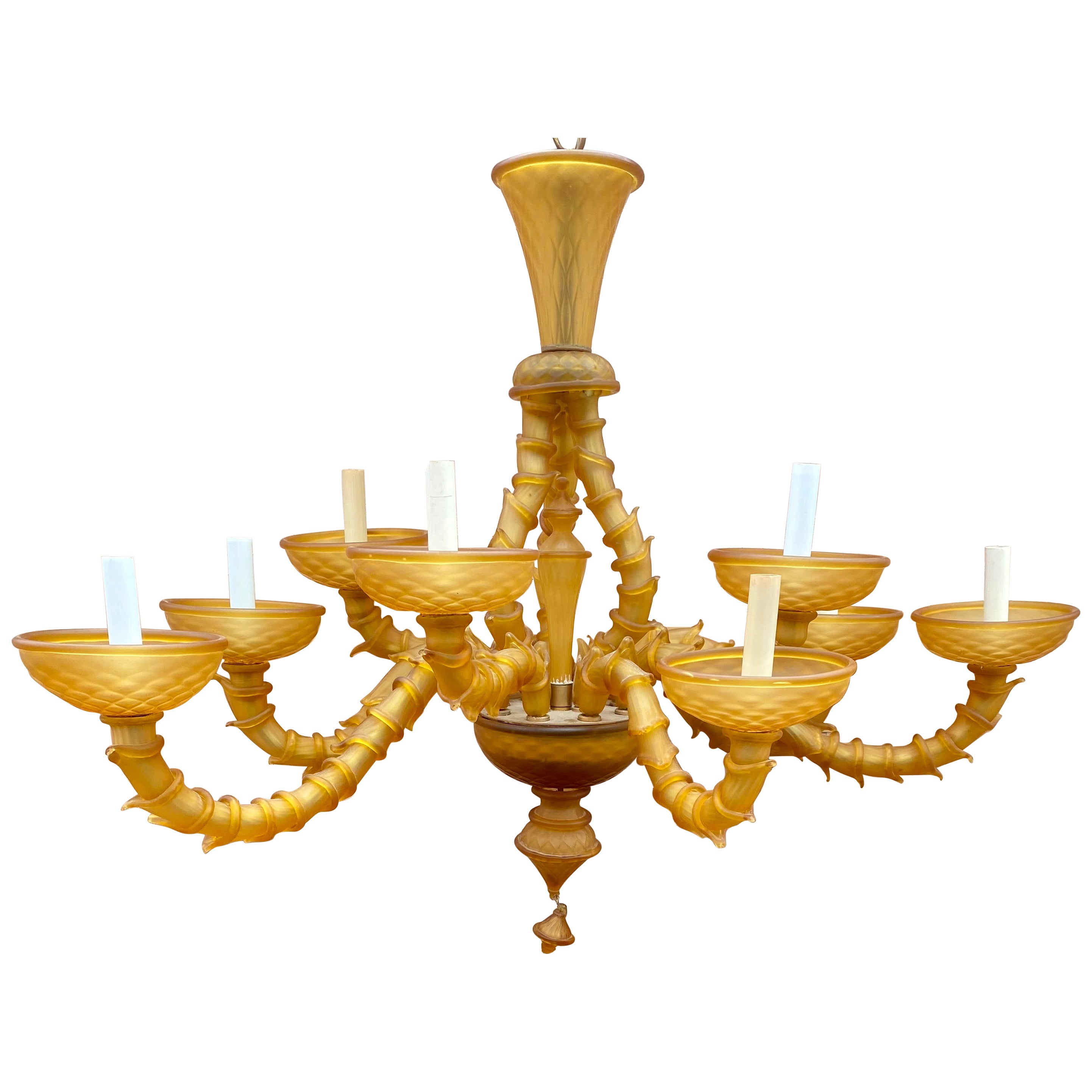Italian Venetian Murano 1940s Frosted Tulip Fluted Amber Glass Chandelier For Sale