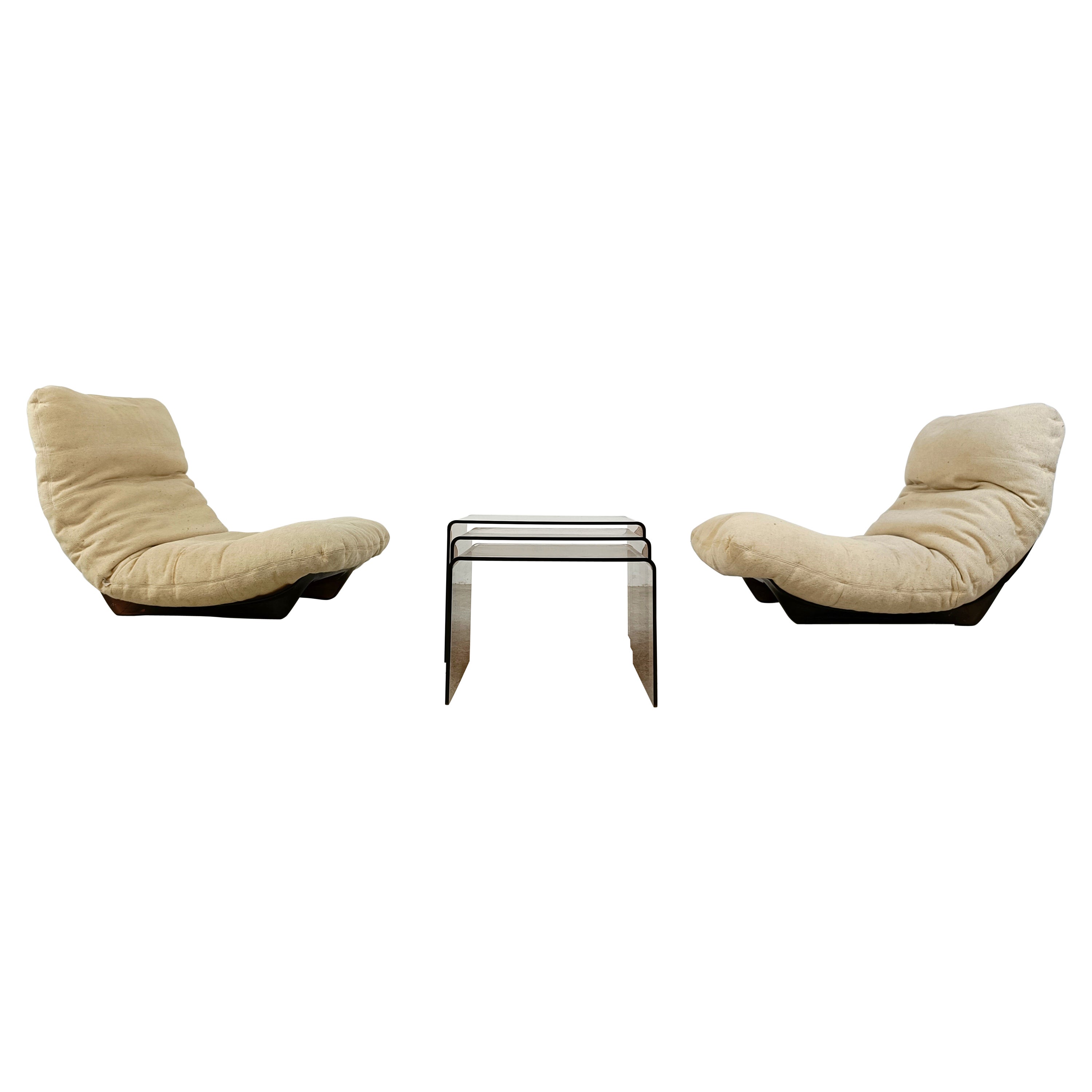 Pair of Marsala lounge chairs with matching tables by Michel Ducaroy 