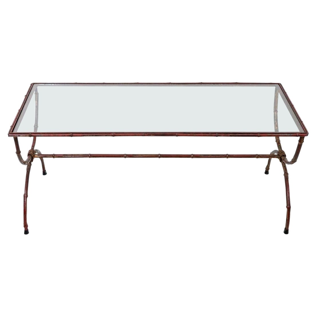 Distressed Gilt Faux Bamboo and Glass Coffee Table For Sale