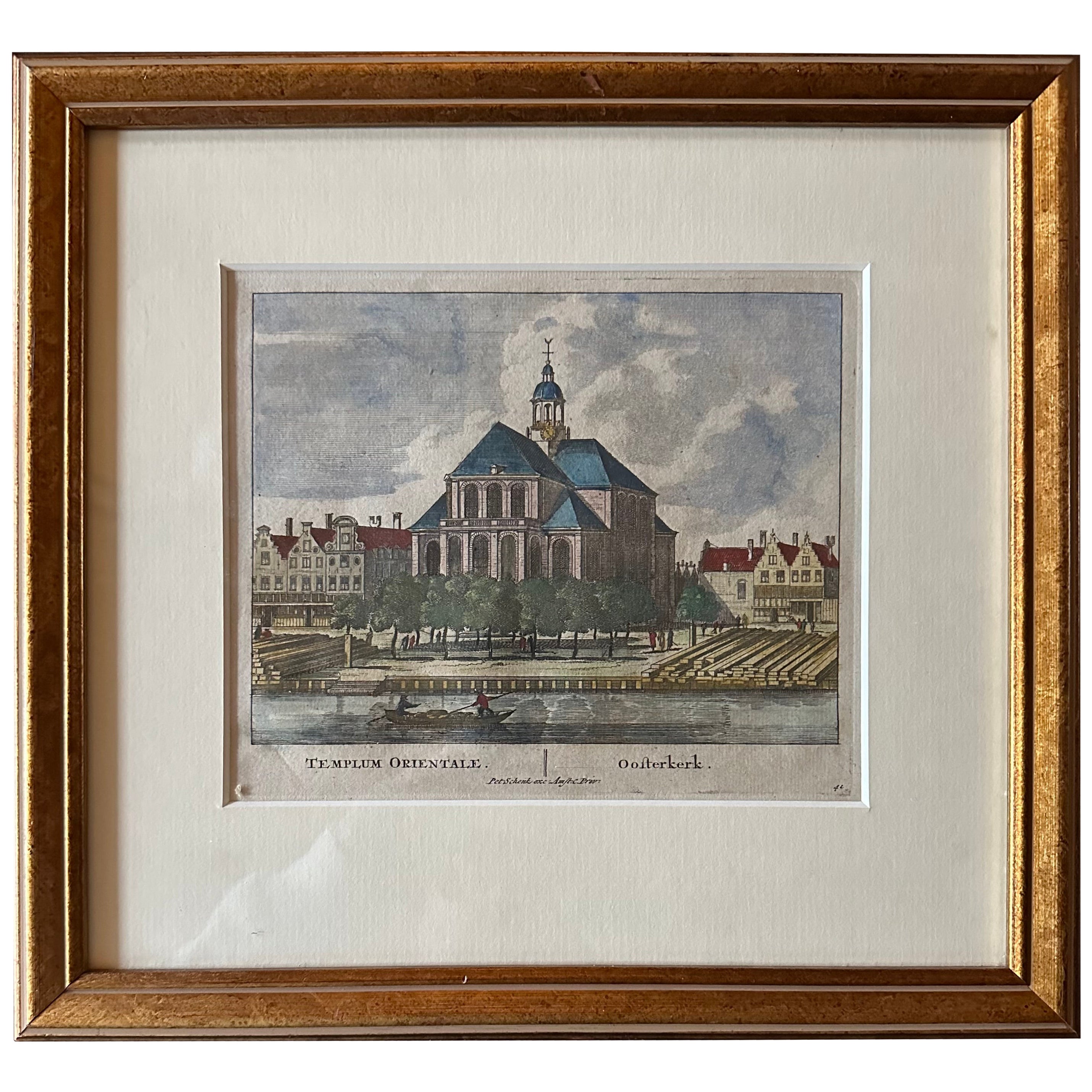 Framed Antique Print of the Temple Orientale Oosterkerk in Amsterdam, 1710 For Sale