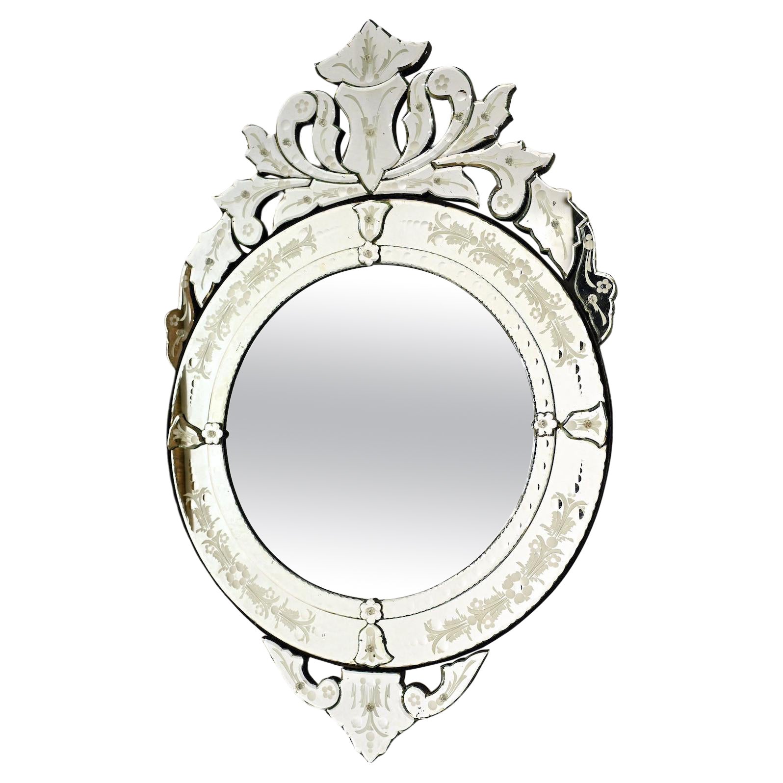 Italian Venetian Mirror Round Glass Mid 20th Century For Sale