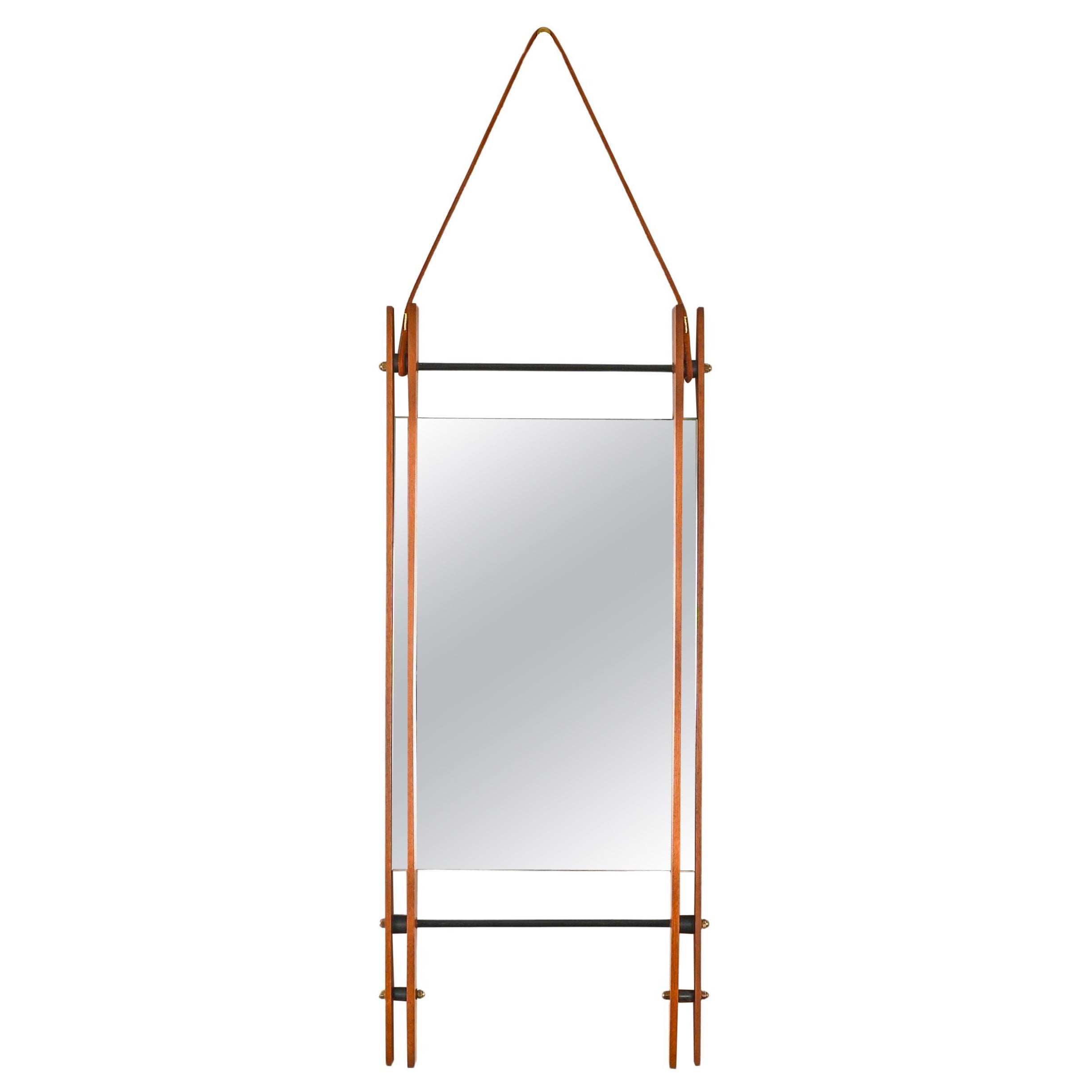 Rectangular Mirror with Double Teak Frame, Leather and Brass, Italy, 1970s For Sale