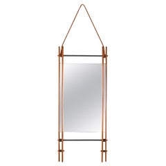 Rectangular Mirror with Double Teak Frame, Leather and Brass, Italy, 1970s