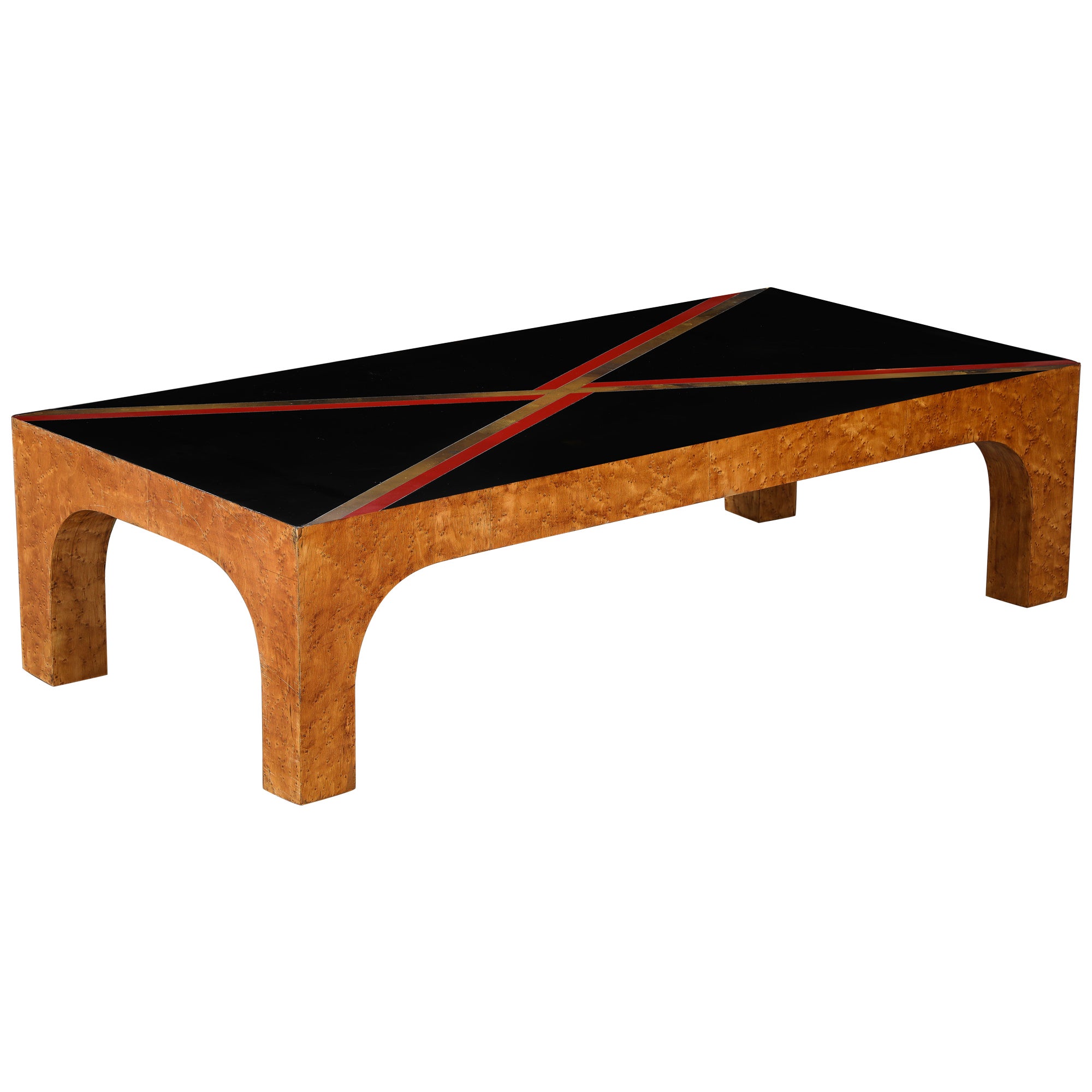 Italian Birds Eye Maple and Black Glass Cocktail Table, circa 1970 