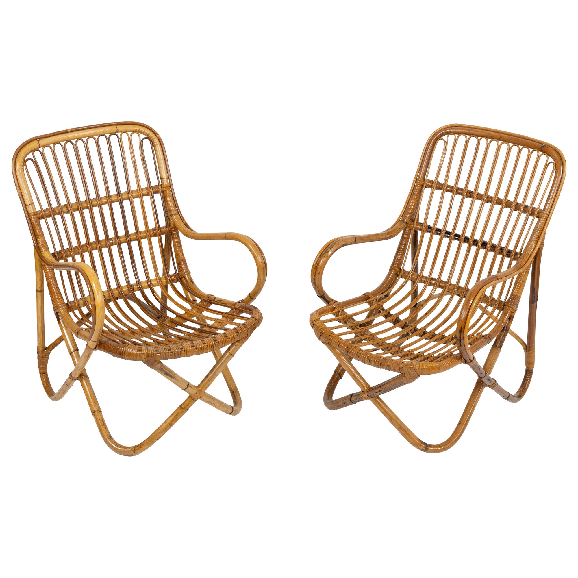 Paire de fauteuils du milieu du siècle dernier en bambou et rotin de style Tito Agnoli, Italie années 1960 en vente