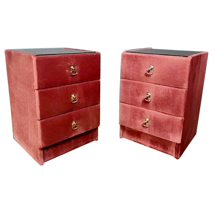 Mid Century Vintage Pink Velvet Bedside Tables With Glass Tops Retro MCM