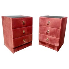 Mid Century Used Pink Velvet Bedside Tables With Glass Tops Retro MCM