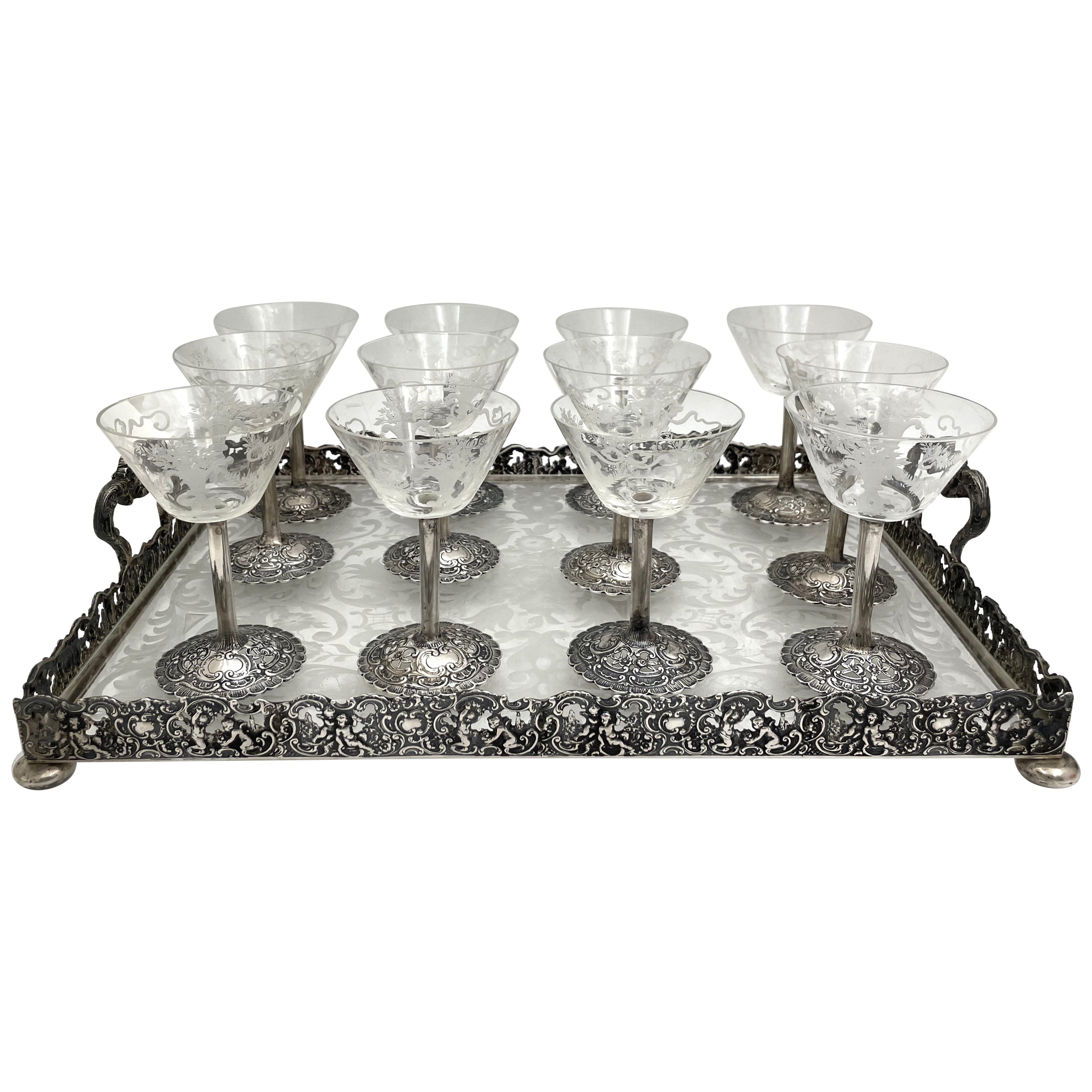 German Continental Silver & Etched Glass Set of 12 Sherbert Cups on Gallery Tray For Sale