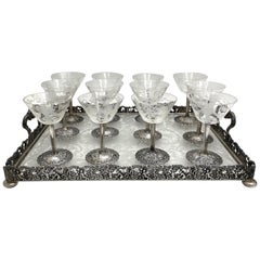 Antique German Continental Silver & Etched Glass Set of 12 Sherbert Cups on Gallery Tray