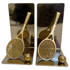 Vintage Pair of Polished Brass and Chrome Tennis Racket Bookends