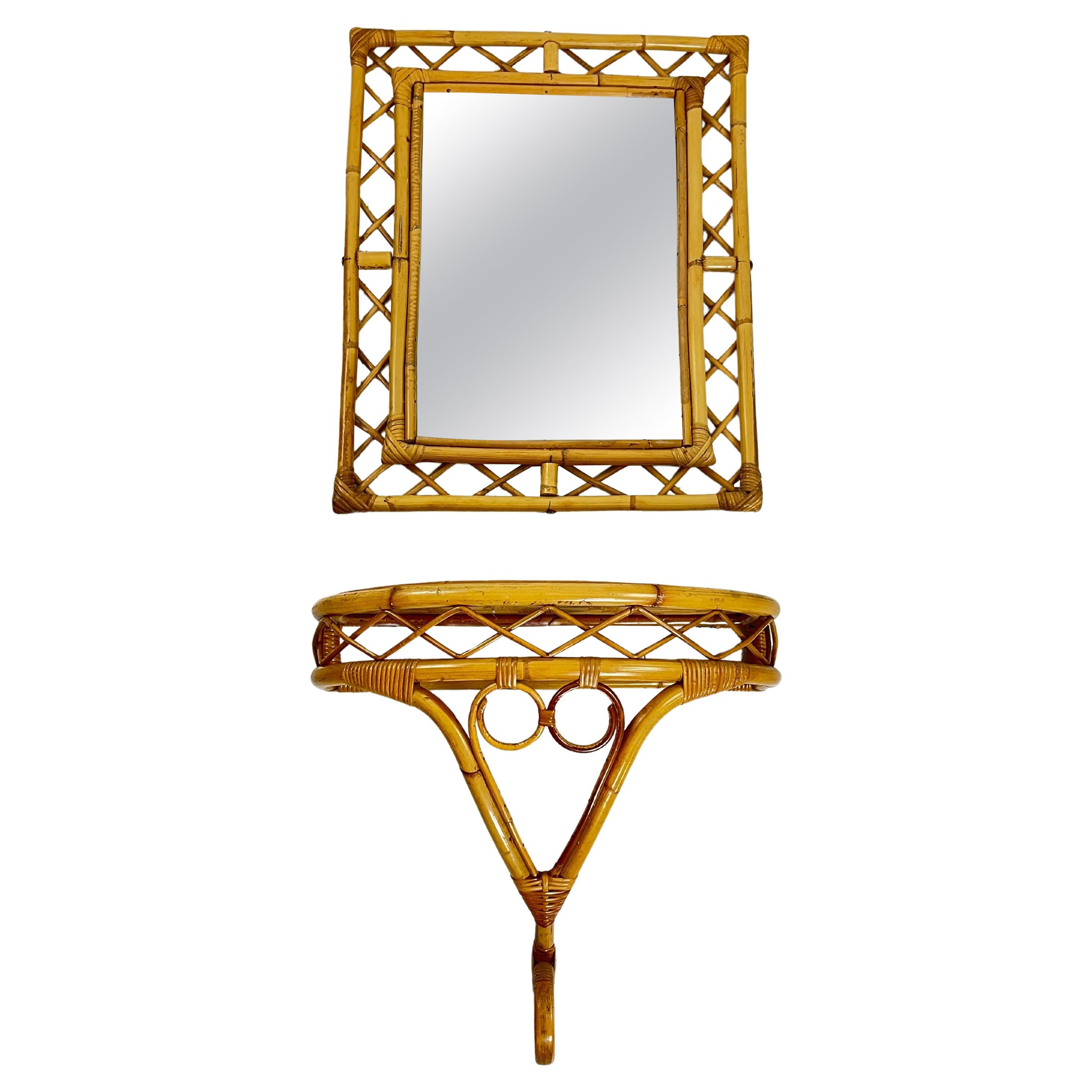 Mid-Century Bamboo Mirror and Console Attributed to Tito Agnoli, 1960s set of 2 For Sale