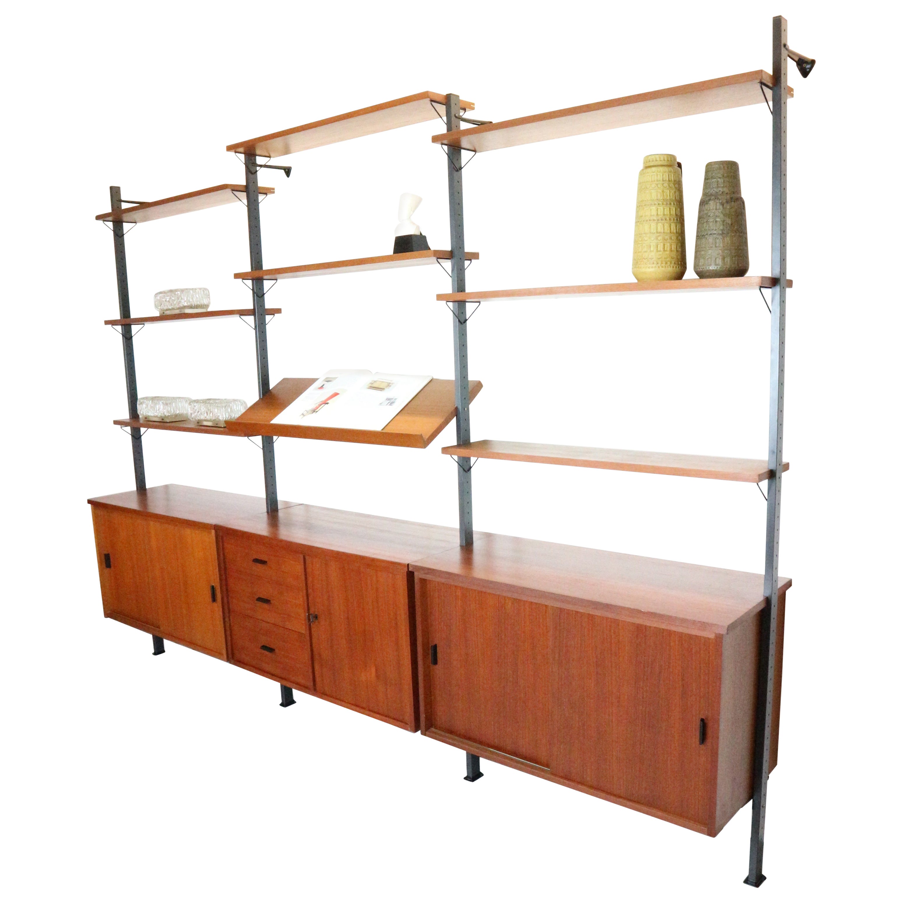 Mid century String shelf system teak & metal by Olof Pira Sweden, 1960s For Sale