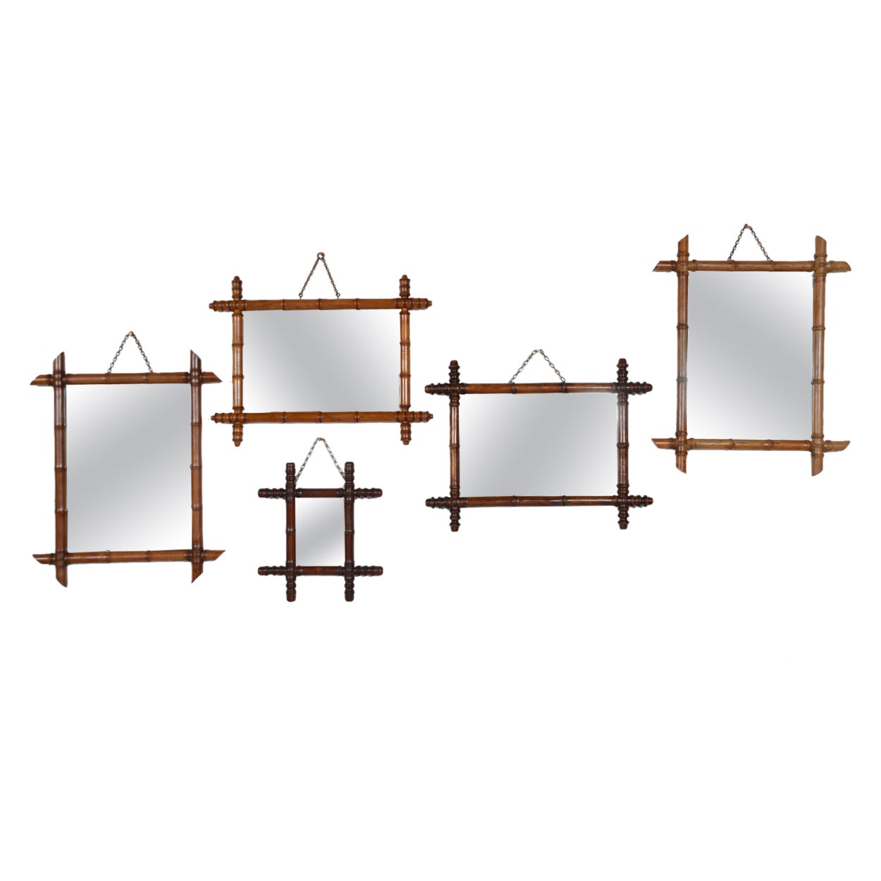 Ensemble de 5 miroirs muraux français anciens en faux bambou cadre artisanal 19ème siècle en vente