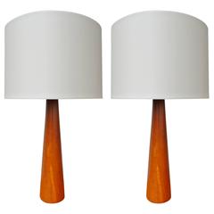 Pair of Solid Teak Danish Modern Conical Lamps