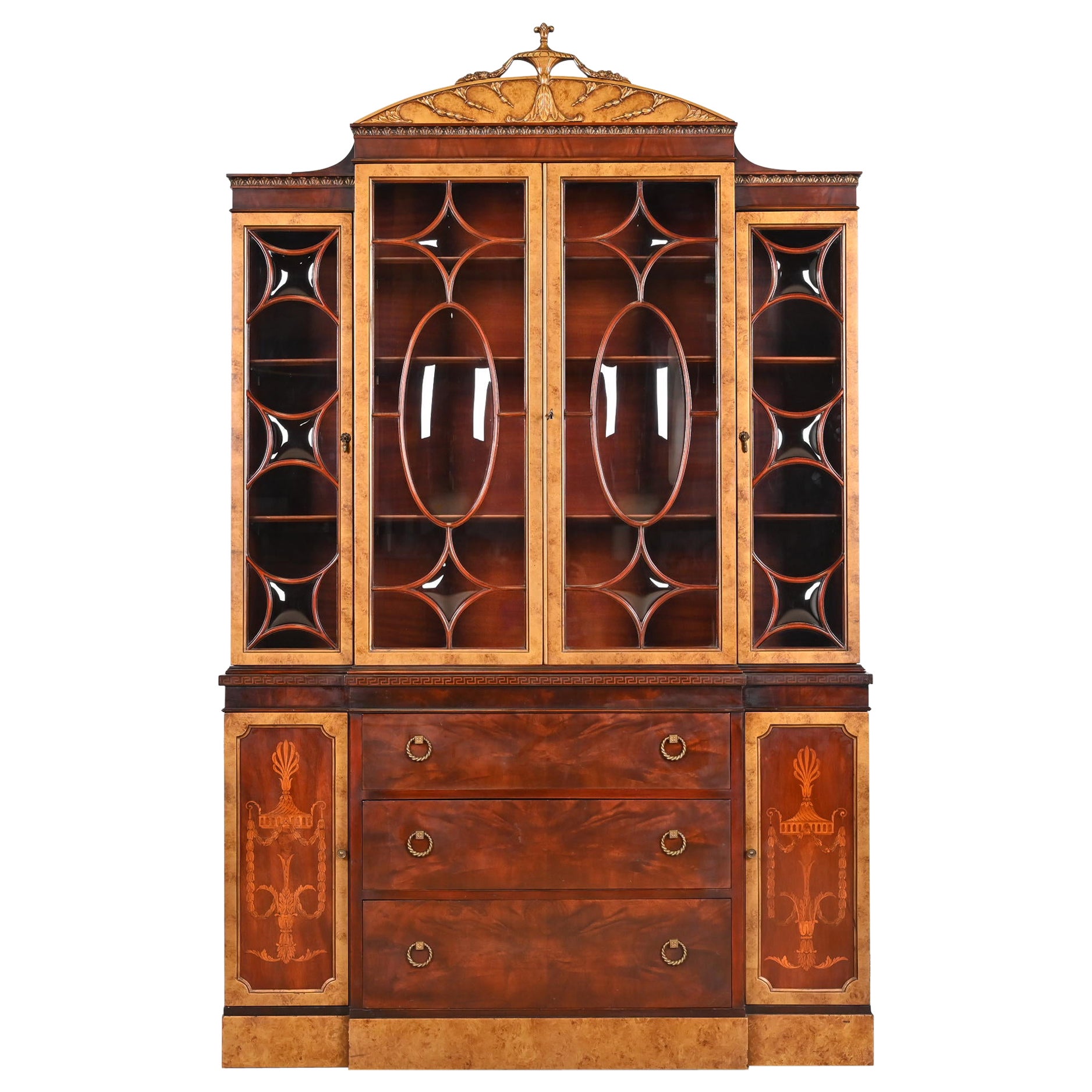Romweber French Neoclassical Mahogany and Burl Wood Breakfront Bookcase Cabinet